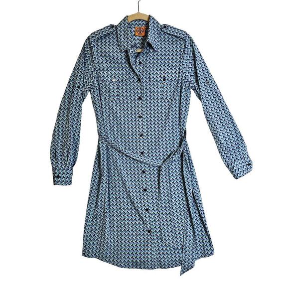 Tori Burch Sz4 Blue Navy Geometric  w belt Knee dress. Designer. Lightweight. - Picture 1 of 16